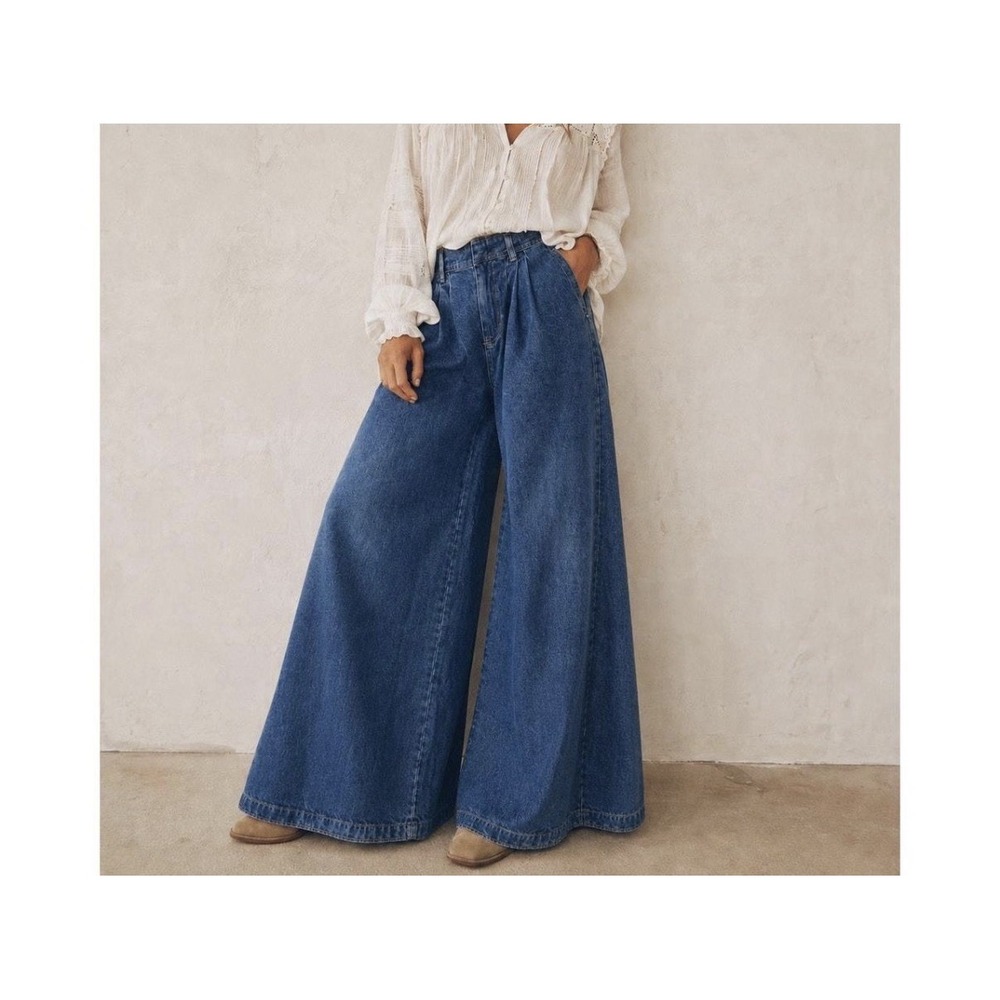 We The Free People Equinox Denim Trouser Wide Leg Pleated Jeans Blue Size 28 - Picture 2 of 9